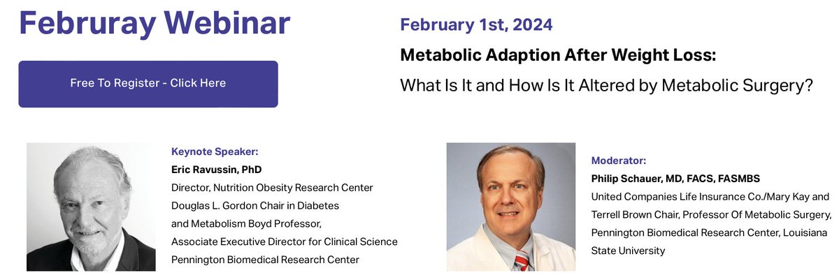 Join US Feb 1 at 630 pm EST . 'Metabolic Adaption after Weight Loss' by Eric Ravussin PhD. pbgrandrounds.org @PBRCNews @ObesitySociety @NIDDKgov @NIH @OMAsocial @NORCNews @ASMBS @WorldObesity @ObesityCan @NeilFlochMD @DrJohnKirwan @DrLeanneRedman @metabolic_knife