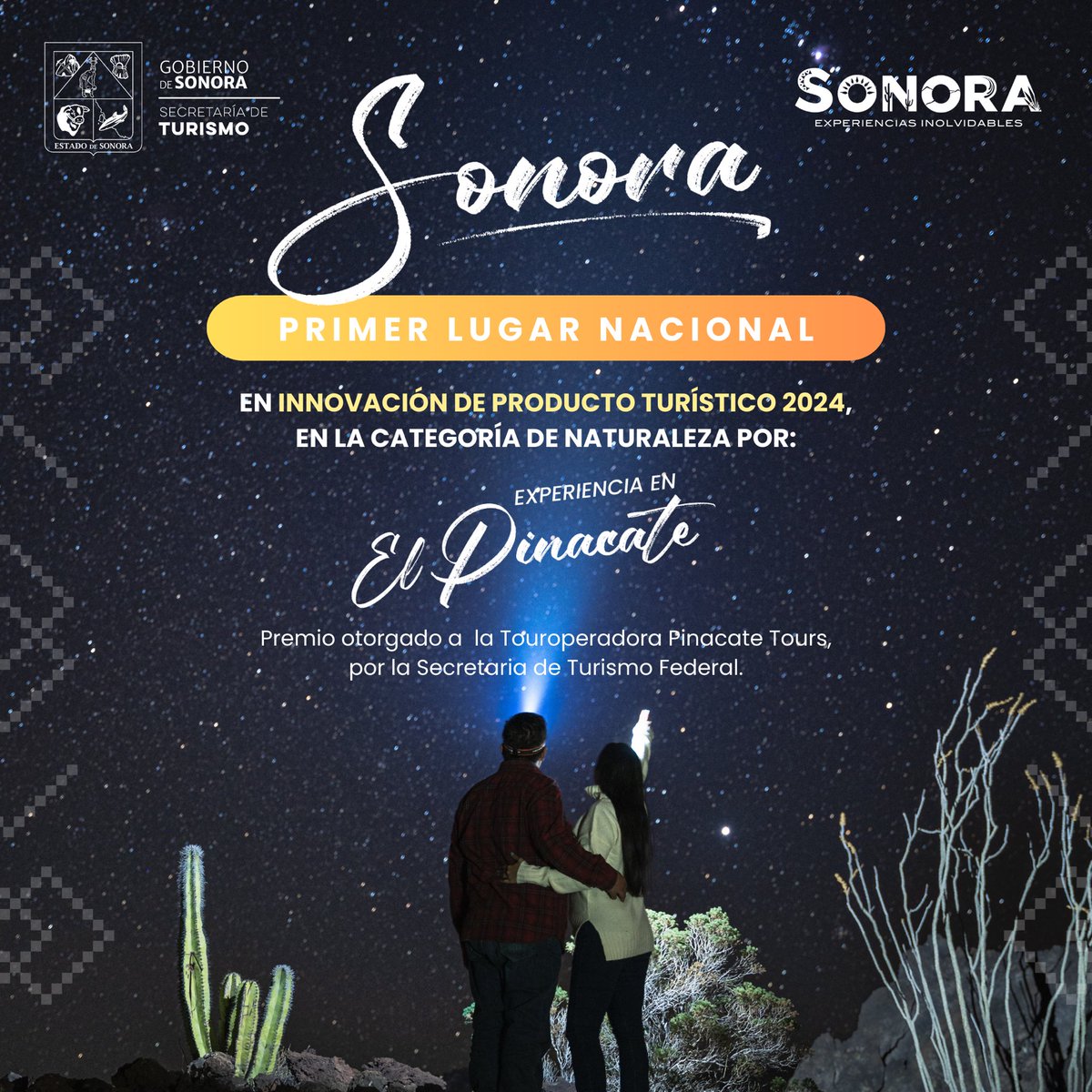 Con mucho orgullo y emoción les comparto que Sonora ganó el reconocimiento anual de <a href="/SECTUR_mx/">SECTUR México</a> en Innovación del Producto Turístico 2024, con la experiencia del Pinacate.

Es la 2da vez que Sonora es galardonado en materia turística en la historia.

¡Felicidades Pinacate Tours!🌌