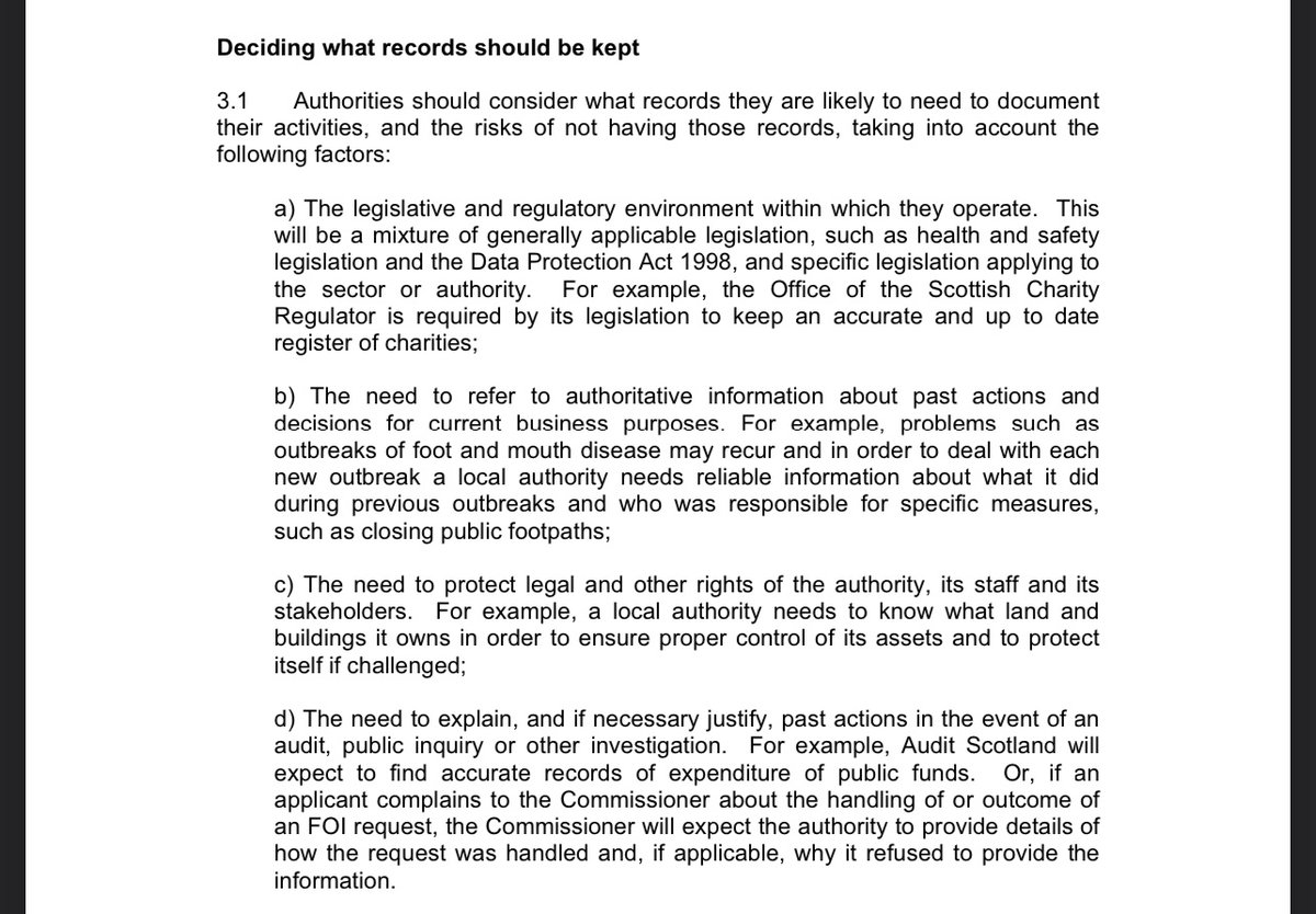 On Sturgeon et al not keeping WhatsApp messages, section 61 of the FOISA requires adherence to a record-keeping code, which includes a relevant clarification (article d here):