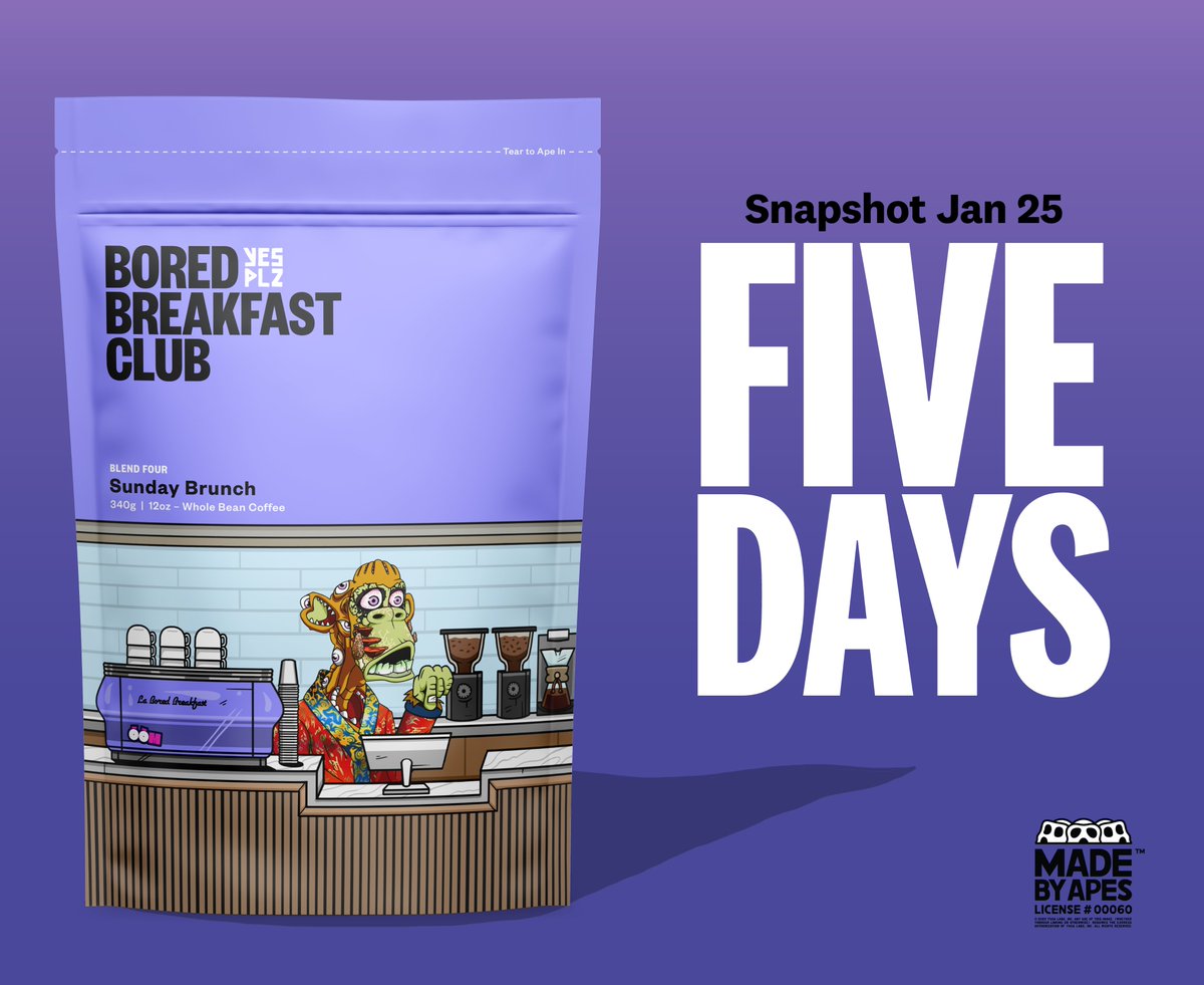FIVE DAYS TO GO 

Get ready for the 'Sunday Brunch' snapshot! Don't miss out on your free bag of our exclusive blend. Wallets holding a BBC token at time of snapshot are eligible to claim.  🍌☕️

📆 Snapshot Date: Jan 25th at Noon PST