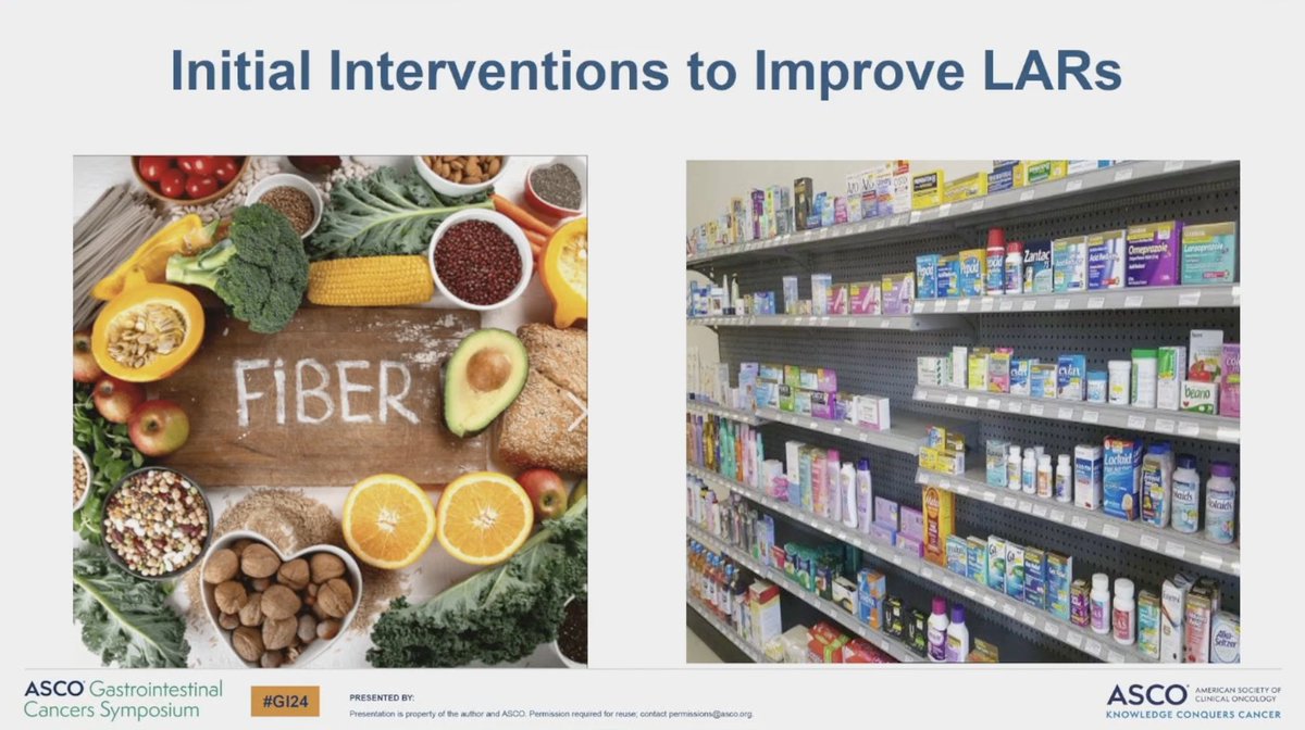 Fiber, barrier creams, loperamide, all important supportive care approaches for LARs. Some data for ondansetron; physical activity is important! Walking 20-30 mins 3x/wk can improve QOL and bowel fxn. #GI24