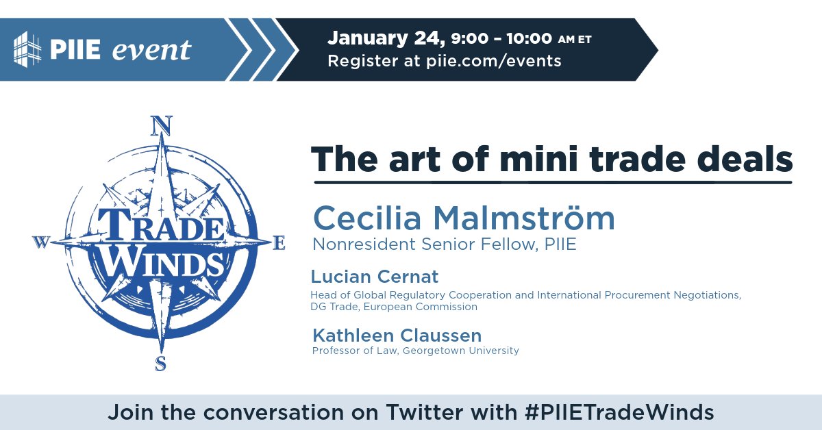 JANUARY 24: @Claussen_K & @Lucian_Cernat join @MalmstromEU on #PIIETradeWinds to discuss the many 'mini' trade deals the US & EU are negotiating: smaller, targeted agreements covering standards & rules & tend to go under the radar. Register here: …rinternationaleconomics.formtitan.com/ftproject/even…