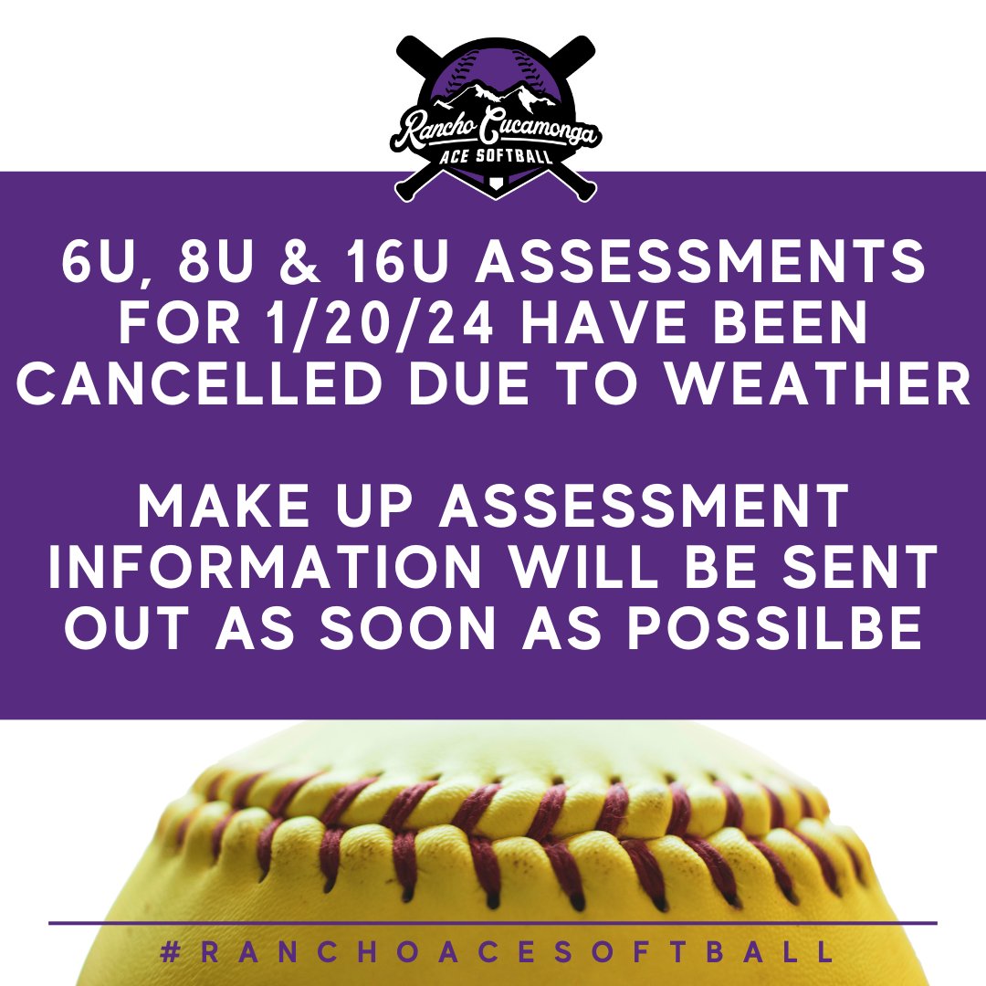 RC_ACESoftball's tweet photo. 6U, 8U &amp; 16U ASSESSMENTS FOR 1/20/24 HAVE BEEN CANCELLED DUE TO WEATHER

MAKE UP ASSESSMENT INFORMATION WILL BE SENT OUT AS SOON AS POSSIBLE! https://t.co/xqSFDd6gWj
