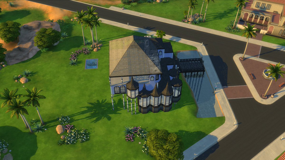 NymeriaFox's tweet photo. We got wild and built the most insane house I have ever attempted to build on Sims4.  I thought it would be fun to take some screenshots and share of the beautiful design chat and I came up with.😂🩵
#PoppyPiper #PPHouse #Unique #Twitch #sims4 https://t.co/ROk3T5L7yh