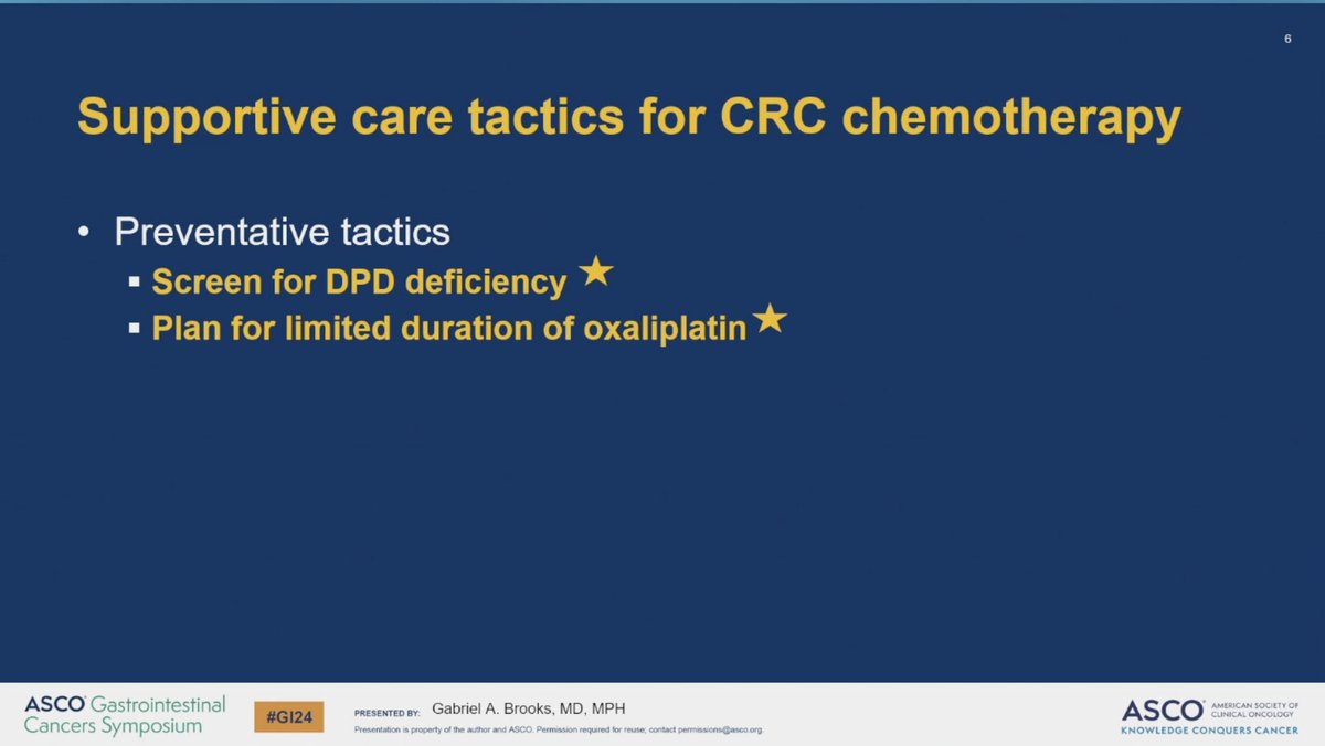 .@gabe_a_brooks with a summary of chemotherapy toxicity management for CRC. Highlights DPD deficiency screening and oxaliplatin duration. Europe far ahead of the US for DPD def screening. IDEA helped with oxali duration. #GI24