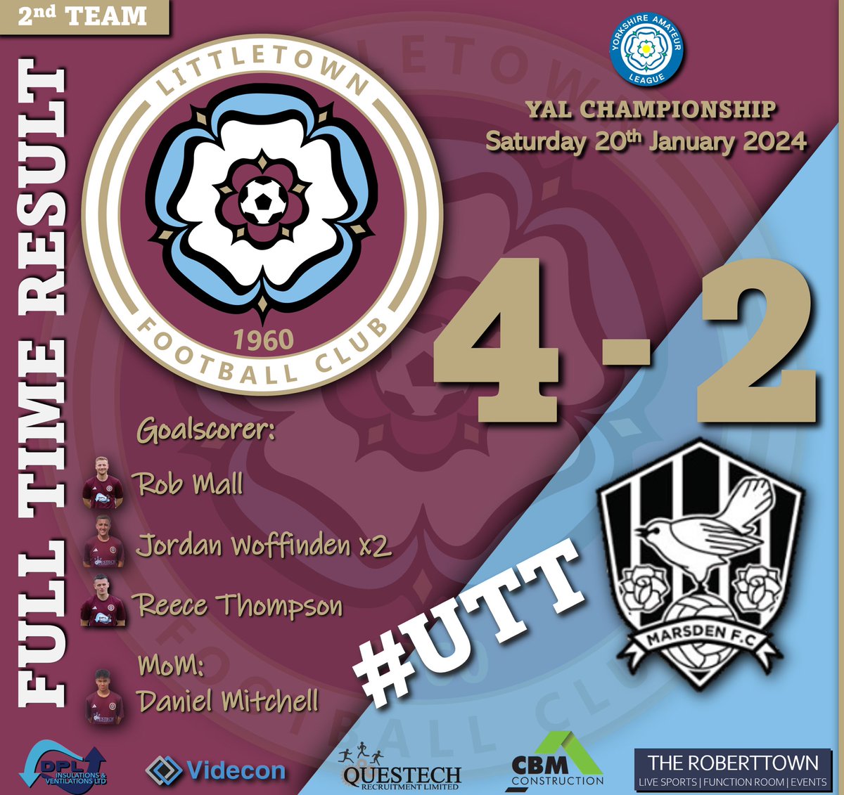 LittletownFC's tweet photo. The 2’s put on a fantastic showing today beating unbeaten league leaders @Marsden__FC at Beck Lane.

Goals from @JordanWoffinden x 2, @rob_mall &amp; Reece Thompson saw us close the gap on the leaders in a game which saw us always in front.

MOM: Dan Mitchell - Outstanding.

#UTT https://t.co/f1aBVlWxZa