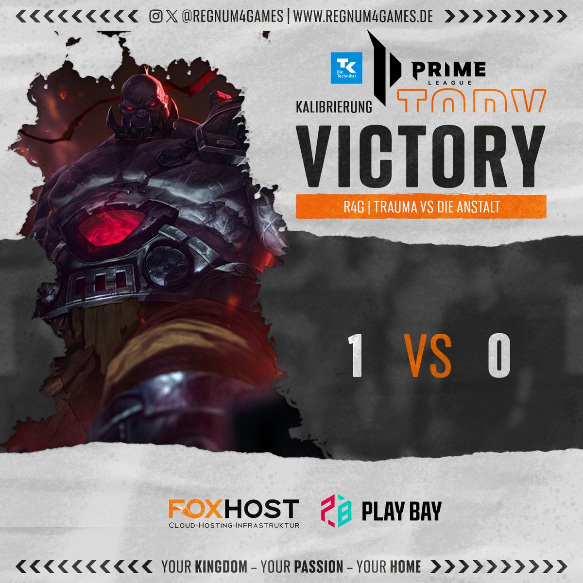 regnum4games's tweet photo. 👑#TKPRM KALICUP👑

Fünftes Spiel - vierter Sieg! Damit beendet Team #Trauma den ersten Tag der Kalibrierung mit einem sehr guten Ergebnis von 4:1!

Danke an @Frixxum für den grandiosen Cast heute, morgen geht es ab 14:00 Uhr weiter!

#getcrowned | #r4g | #primeleague https://t.co/5HQUUjYnCW
