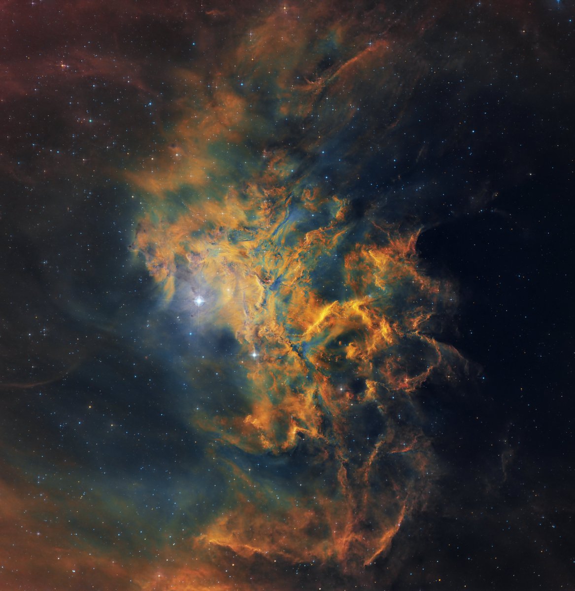 AJamesMcCarthy's tweet photo. I pointed my telescope at a faint fuzzy smear of light for a week, and it revealed this complex mass of dust and gas. This is called the "Flaming Star Nebula" and is an incredible example of how complex yet beautiful space can be. https://t.co/mL0671c2YJ