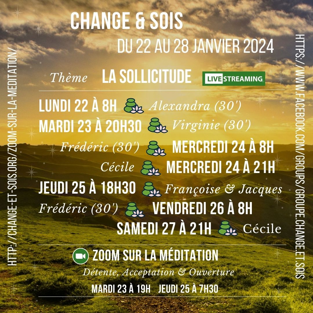 fredo_feral's tweet photo. Méditations en direct du groupe C&S du 22 au 28.01.24
👉 Thème de la semaine : La sollicitude 😍
Merci à nos guides 🙏
Bonne semaine et Bonnes pratiques 😎
Merci de partager 😀
#Meditation #Mindfulness #Pleineconscience #Pleinepresence #Sollicitude https://t.co/eL3UWosV2K