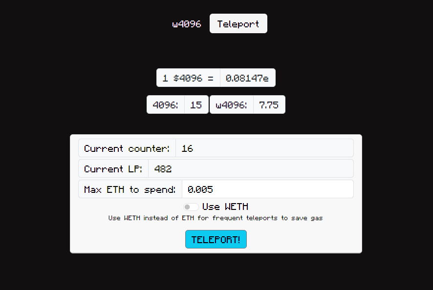 Teleport is live at app.4096.cash!

Teleport is a transaction that makes multiple sells until the counter goes to its maximum, and then instantly buys all the tokens back.

Now anyone can instantly make the burn counter at 16/16 or 8/8 (depending on the current LP