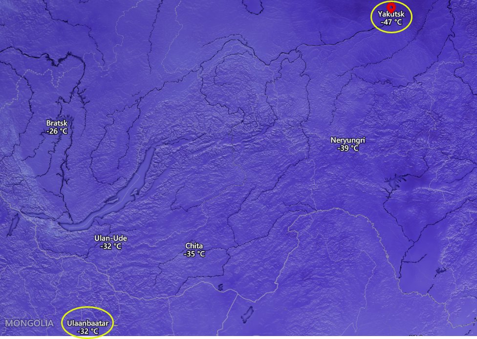 Spare a thought for our fellow humans in Ulaanbaatar, the capital of Mongolia, it's -32° C there now. 

If that doesn't chill you, Yakutsk in Russia sits at -47° C right now. 

#weather #cold #winter #yakutsk #ulaanbataar #Mongolia #Russia #siberia