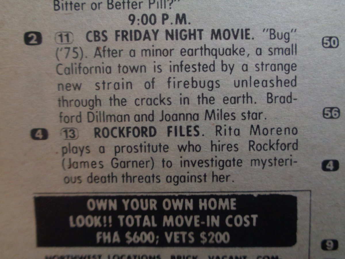 TV Listing of Yore: 'Bug' was the 'CBS Friday Night Movie' and 'The Rockford Files' was on NBC at 9PM EST #OTD in 1978.