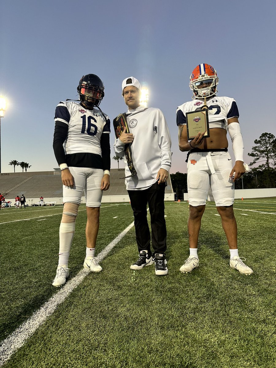 baylintrujillo's tweet photo. Great experience coaching in the @National_Bowl as the Co-OC/QB Coach &amp; came away with the 27-6 WIN‼️My National White Team QB @josephmjhess threw several TDs, all to former @GatorsFB WR @jxpouncey 🐊

S/O to @shanehooks6 for balling out in the @TropicalBowlUSA https://t.co/OmXypUHRuC