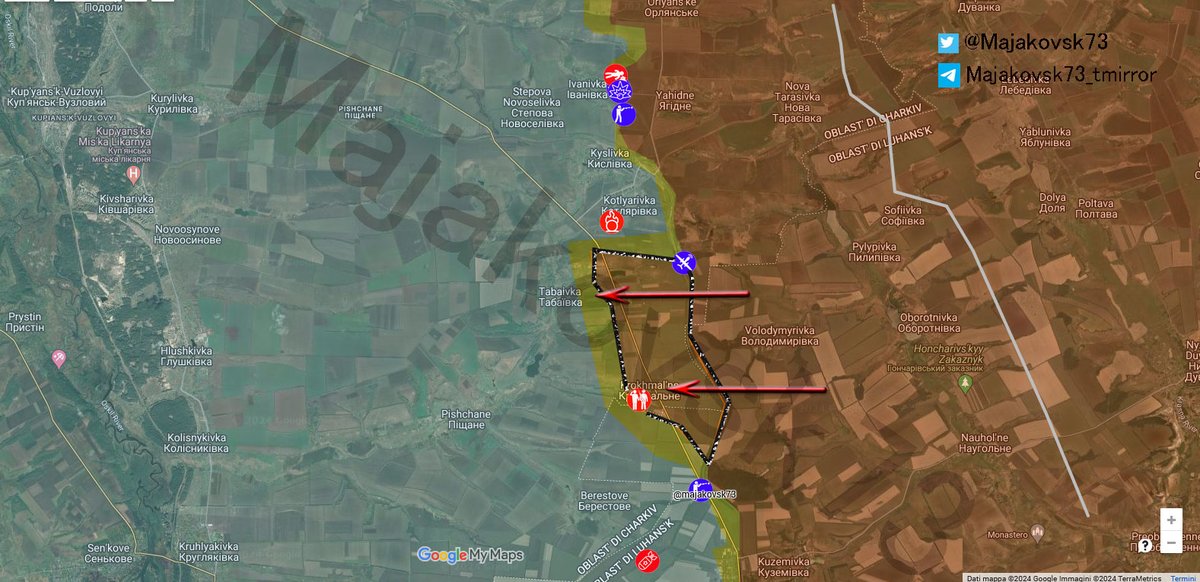 2\#Ucraina Fronte di Svatove: come preannunciato ieri, russi sono avanzati fino a krokhmalne, cosa confermata da geolocalizzazione, ed anche poco più a nord verso Tabaivka. Villaggio preso di per se' è poca cosa, ma comuque russi sono stati in grado di superare in questo settore…