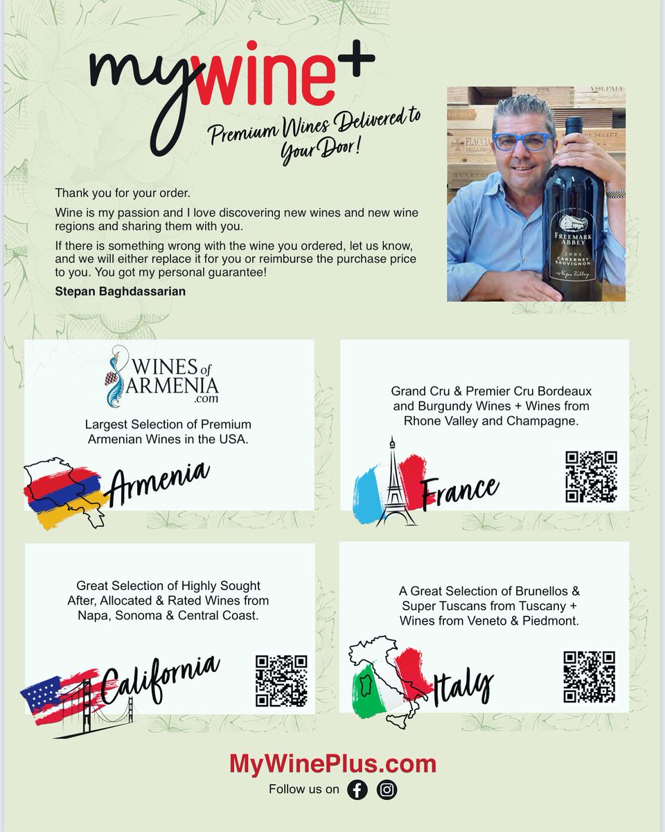 You get my personal guarantee with every order; If there is something wrong with the wine you ordered, let us know, and we will either replace it for you or reimburse the purchase price to you.
MyWinePlus.com 
#mywineplus #stepanbaghdassarian m #winesofarmenia