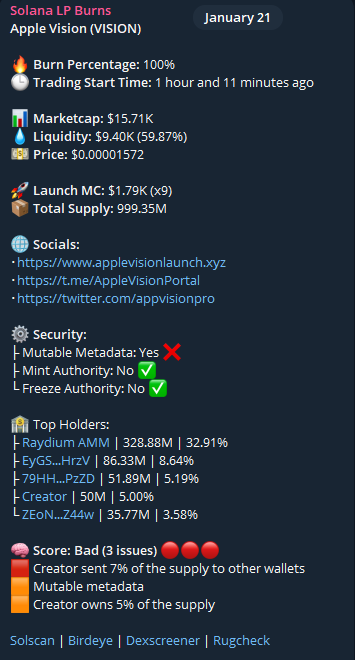 noone_0x's tweet photo. Maintenant je vais vous parler des mes moove préférer 
-🟢In quand le projet est mort et que le dev viens tous juste de burn 
-🟢Les score que "je trouve bullish sur rug check" 61500 Mint authority liq pas burn, 11500 Mint revoked mais liq pas burn (degen play) https://t.co/r52Pppup7H