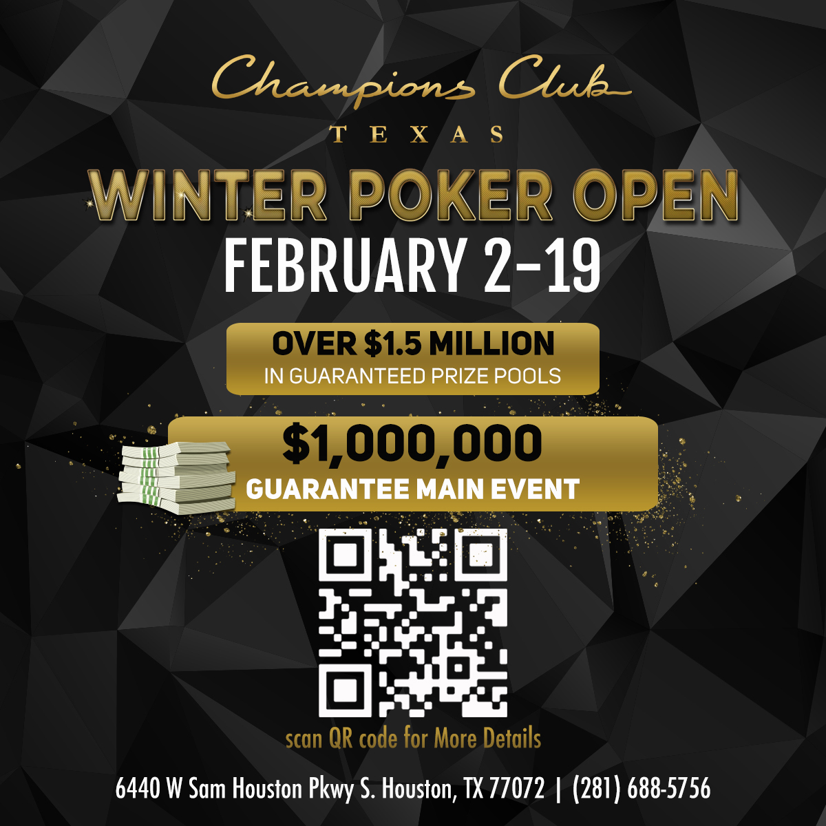 ChampionsClubTX's tweet image. Less than TWO weeks away from our Winter Poker Open series starting Friday, February 2nd - Monday, February 19th at @ChampionsClubTX 

Highlighted by our $1,000,000 Guaranteed Main Event with a livestreamed FINAL TABLE!

Click for full schedule &amp;amp; structures sheets:…