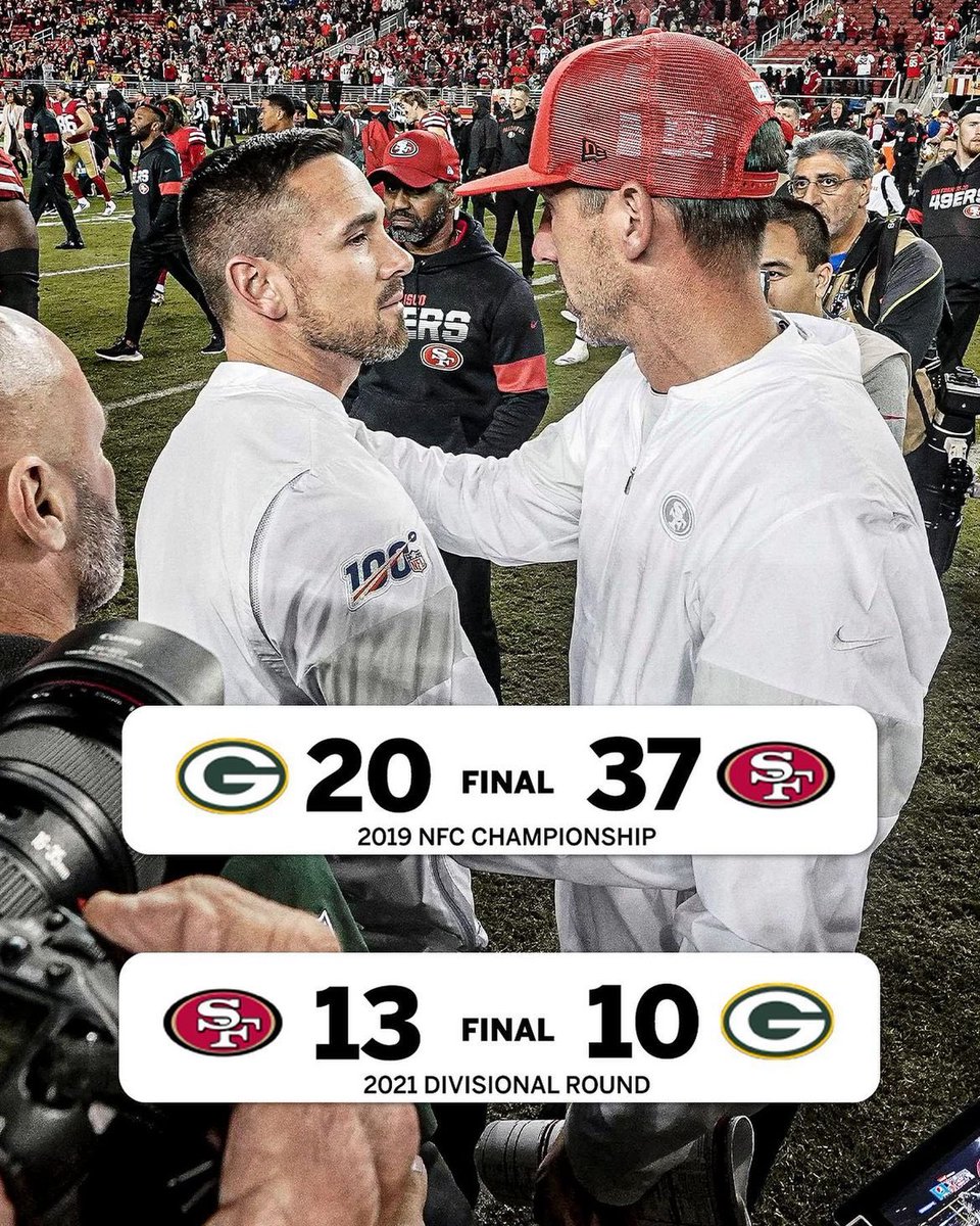 AdamSchefter's tweet photo. 49ers’ HC Kyle Shanahan and Packers’ HC Matt LaFleur coached together in three different stops – the Texans from 2008-09, Washington from 2010-’13 and the Falcons from 2015-’16. Shanahan has beaten LaFleur in their two previous playoff matchups. https://t.co/gEgQy6xvao