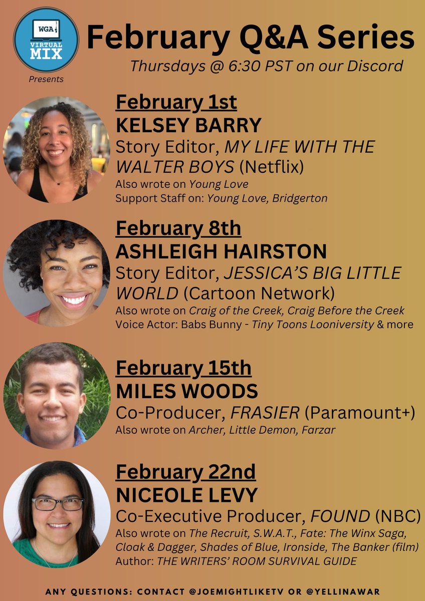 Starting Feb 1st, join us every Thursday (6:30p PT) of Black History Month as we virtually speak w/ Black writers from drama, comedy, &amp; animation to discuss their writing careers as professionals &amp; as POCs. 

Join our Discord here to listen each Thursday: discord.gg/kWdnVPDQ