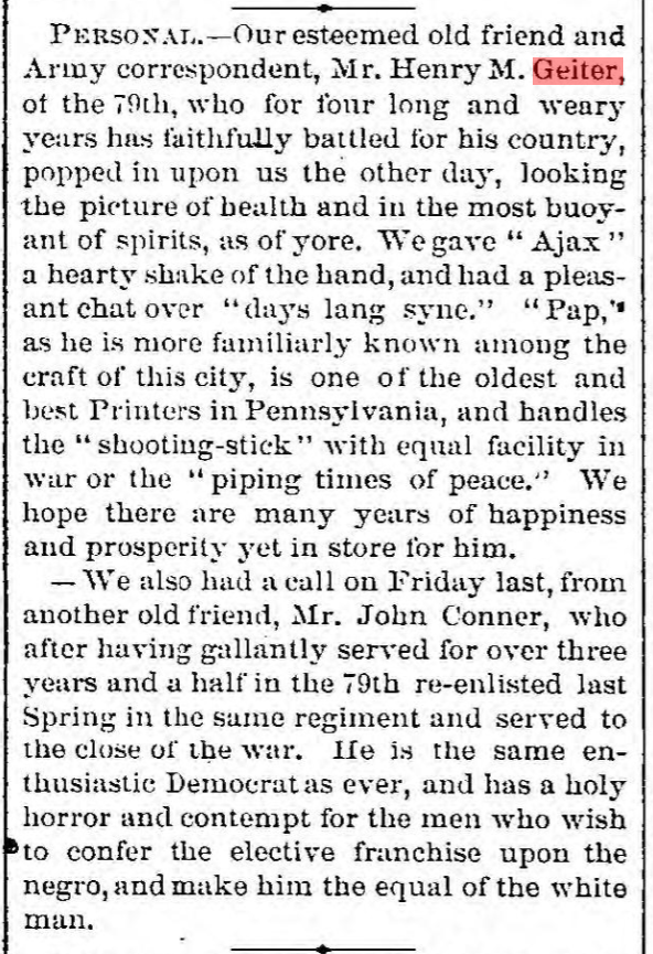 VinceSlaugh's tweet photo. @e_joseph_murphy @WarHistoryProf Fascinating topic. Lancaster Intelligencer / 79th PA is a good case study of this dynamic in Sherman's army. One 1864 change by the partisan Dem paper was to (finally) pick a correspondent post-reenlistment. Here's a post-war note (7/26/65): https://t.co/GUOvscwiGw