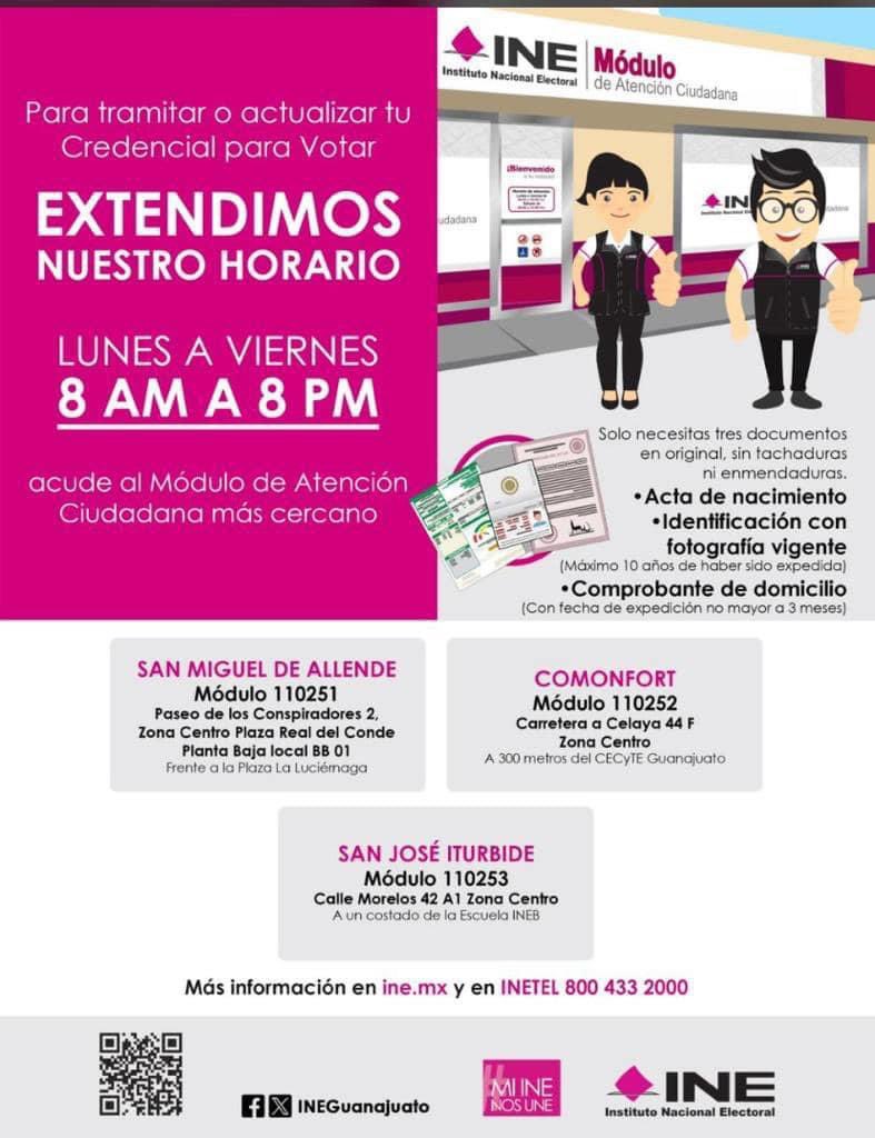 #ULTIMAOPORTUNIDAD #PasaLaVoz Para actualizar o tramitar tu credencial de elector. El #INEGuanajuato informa que el lunes es el último día. Los módulos estarán trabajando hoy hasta las 20:00; sábado y DOMINGO de 9:00 a 16:00 y el lunes ÚLTIMO DÍA, de 8:00 a 24:00 horas.