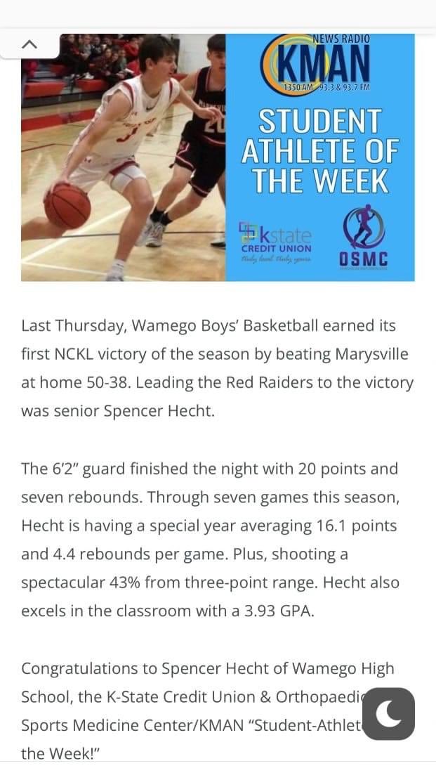 WHSAthleticsOf1's tweet photo. Congrats to Spencer Hecht, KMAN Student Athlete of the Week! @WamegoBB https://t.co/2ut4R3EVm3