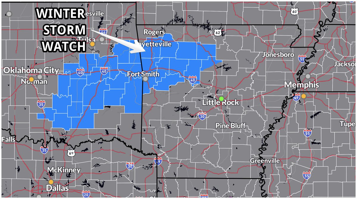 ToddYakoubian's tweet photo. ***IMPORTANT UPDATE*** 

A few thoughts... the winter storm watch will likely change to an ice storm warning with the surrounding areas under a winter weather advisory.  Ice storm warnings are only issued if freezing rain amounts equal or exceed .25''.  I do NOT think we're looking at an ice storm like 2000 or 2009.  However, this can still cause issues on roads, trees, and power lines.  This all starts Sunday night and ends Monday late morning/early afternoon.  Temperatures should warm above freezing which will make this storm brief.  If it changes, I'll let you know.

#ARWX