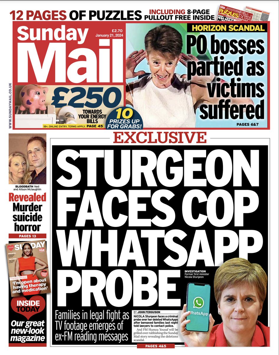 Sunday_Mail's tweet photo. Here is your first look at tomorrow's Sunday Mail front page, which leads on Nicola Sturgeon facing a criminal probe over her deleted WhatsApps after bereaved families told lawyers to contact police #scotpapers #tomorrowspaperstoday https://t.co/bRWj0oUMrO