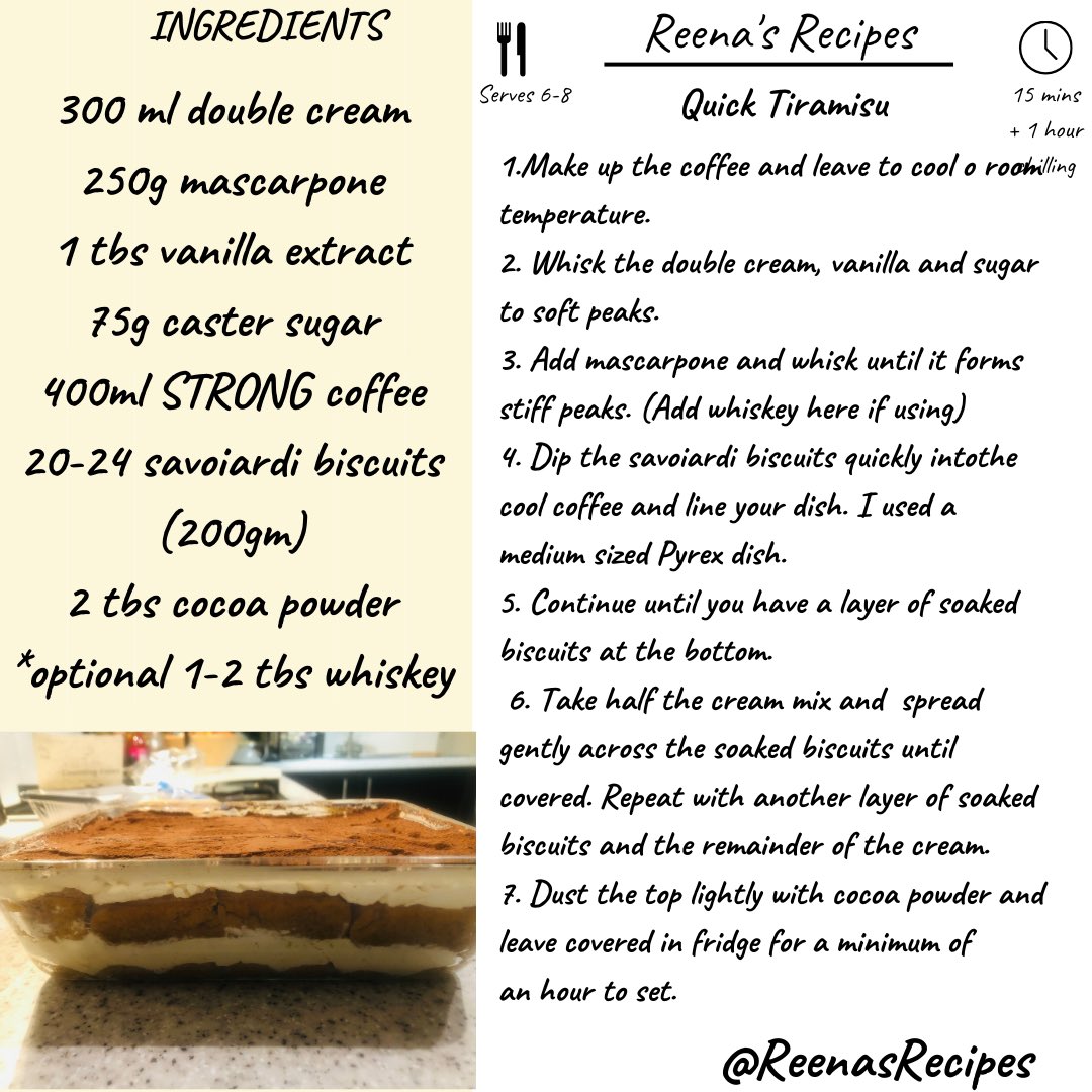 ChotaiReena's tweet image. Quick &amp;amp; easy Tiramisu. Not traditional at all, but super simple to make. Plus Savoiardi biscuits are my favourite 🤩 A little pick me up after a long and cold day. #ReenasRecipes #SimpleFood #EasyFood #Tiramisu