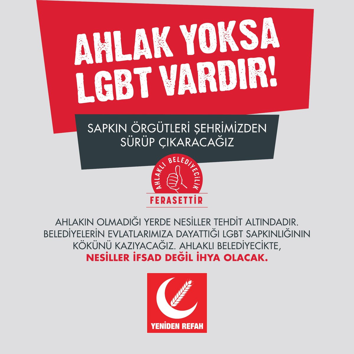 erbakanfatih's tweet photo. Nesillerimizi ifsad eden sapkın anlayışı koruyup, kollayan, teşvik edenler gidecek.

LGBT illeti Ahlaklı Belediyecilik ile bitecek! https://t.co/yomjVxHmpI