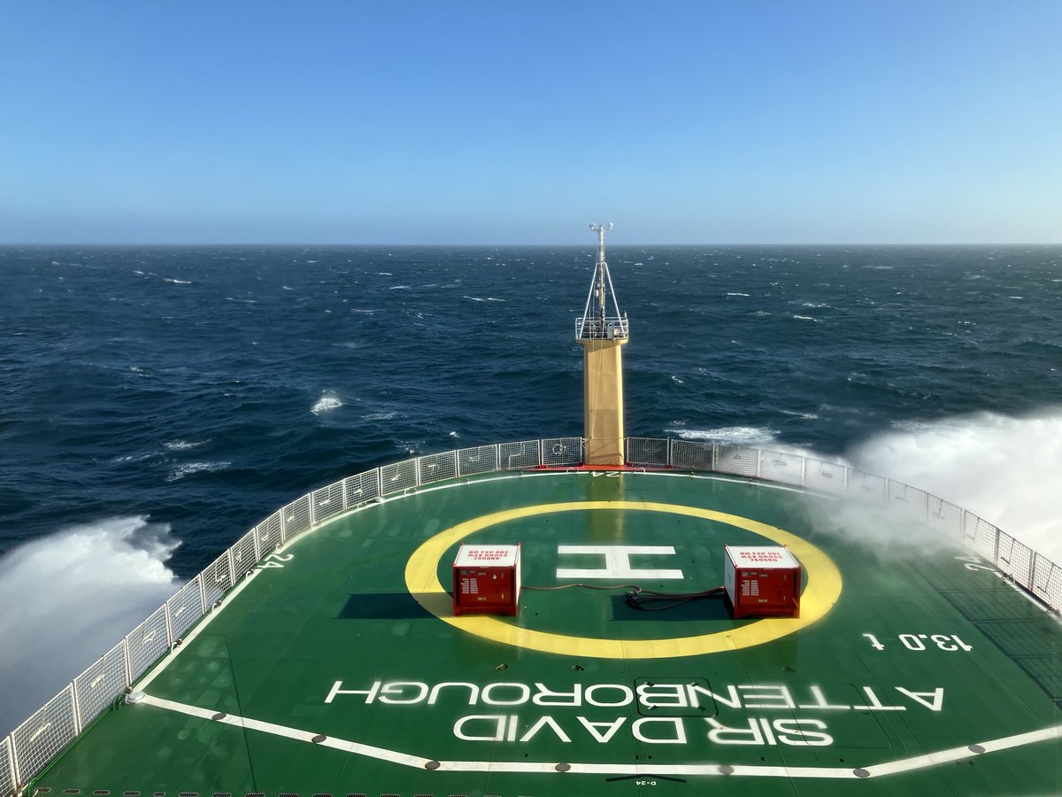 The RRS Sir David Attenborough is now heading south. A clear blue sky and 40+ knots of wind mean the sea is a little feisty this evening