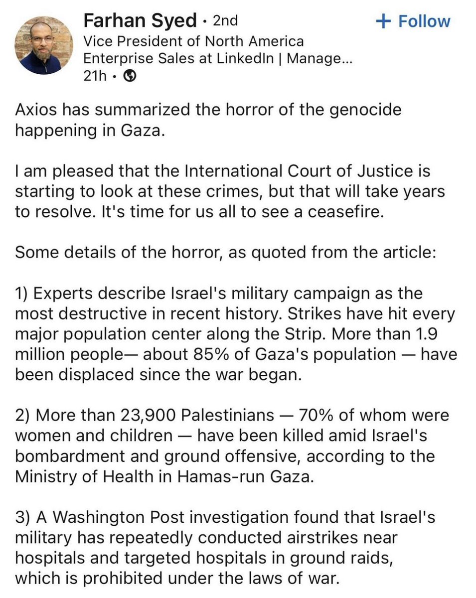 StopAntisemites's tweet photo. We are horrified to see a senior member of the @LinkedIn team - a VP in North America, Farhan Syed - misquoting an Axios piece on Gaza, lying that it alleges genocide at the hands of the Jewish state.

This misinformation is divisive and hurtful to fellow LinkedIn employees, who have been contacting us in droves.