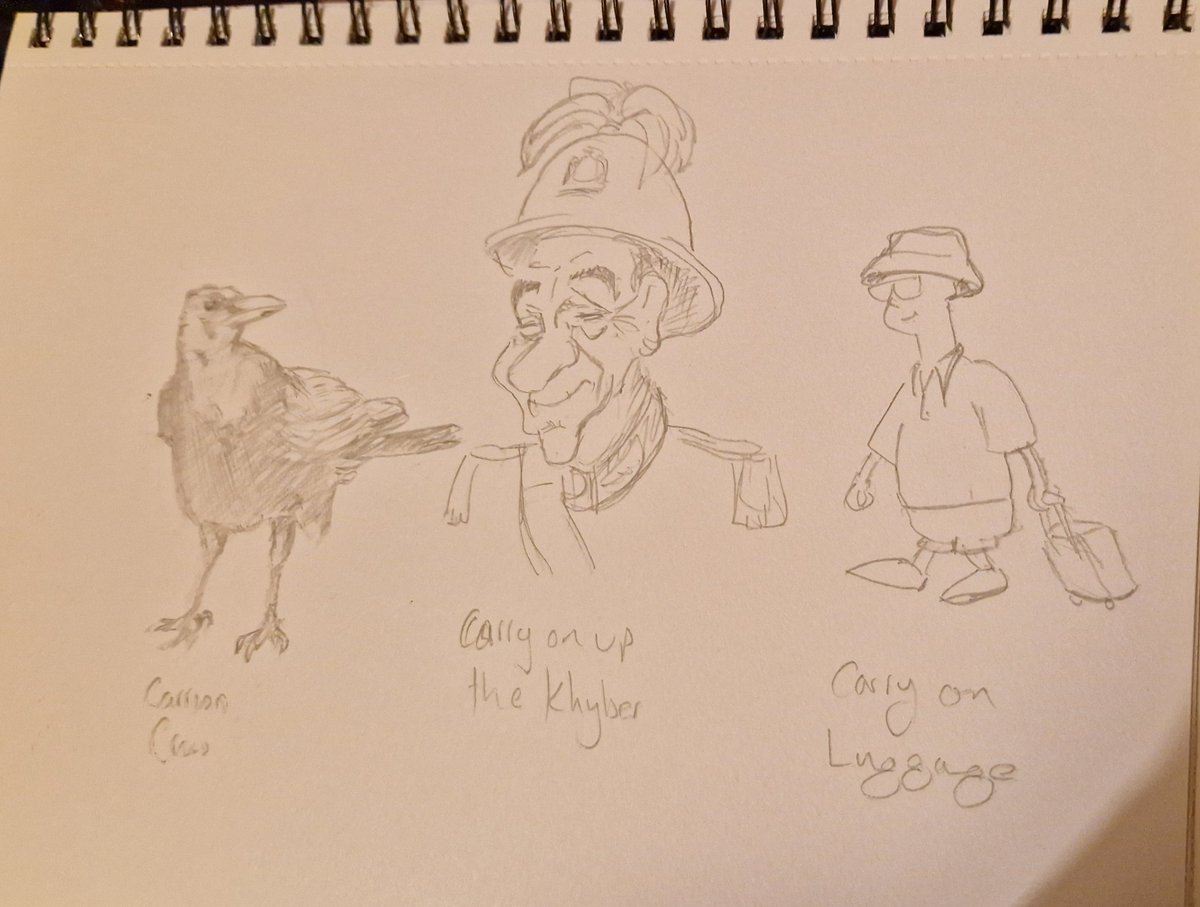 Idle doodle, idle thoughts... Carrion Crow - Carry on up the Khyber - carry on luggage.  I don't pretend to know how my mind works #crow #art #pencil #carryon #sidjames #carryonluggage