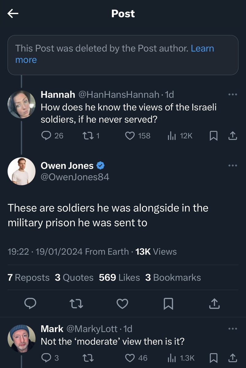 Since deleted, Owen could hardly contain himself with the claim that the “moderate view of Israeli soldiers is to kill all Arabs” Turned out to be, “heard some guys talking shit in prison.”