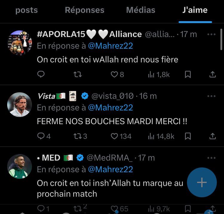 Les 3 derniers favs de Riyad Mahrez sur X ! 🇩🇿❤️

Va t’il nous montrer qu’il n’est pas notre capitaine pour rien ? 

RDV Mardi 21h face à la Mauritanie.