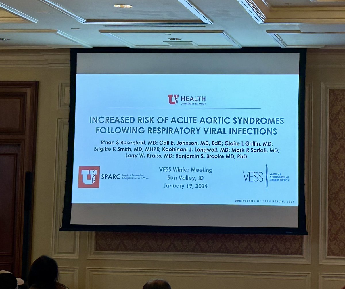 UofUVascular's tweet photo. Congrats to Dr. Ethan Rosenfeld (2nd yr Fellow) presenting his work, โIncreased Risk of Acute Aortic Syndromes following Respiratory Viral Infectionsโ at #VESS24 @BenjaminSBrooke @Brig13Smith1 @kraiss_l @CaliJohnsonMD โท๏ธ๐ฅ https://t.co/JECaWzsfjs