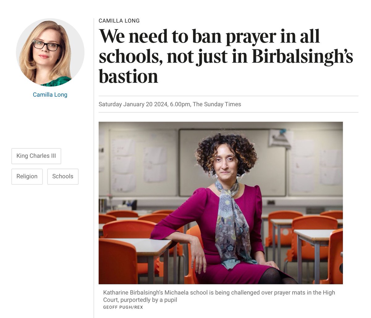 Freedom of religion and belief being challenged in the Times. “Wouldn’t it be better if we banished faith in schools altogether? Actually, make that faith schools as well. I would happily see local C of E schools rebranded as secular. It’s all such a lie, anyway — none of the…