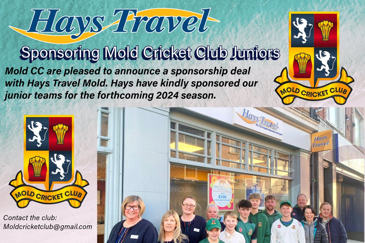 SPONSORSHIP!! The club is delighted to announce a sponsorship deal with Hays Travel Mold. They have agreed to support the junior side of the club for season 2024. We are ecstatic to strike up a relationship with Hays who are located right in the heart of our town. @HaysTravelMold