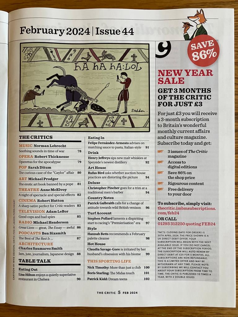 Our February issue's on newsstands next week but subscribers get it first! Contributors this month include @HJoyceGender Rufus Bird @NickClairmont1 @DanBJohnson Lisa Hilton @HenryGJeffreys @RobDotHutton Christopher Silvester @patrick_kidd & @adamlebor thecritic.imbmsubscriptions.com