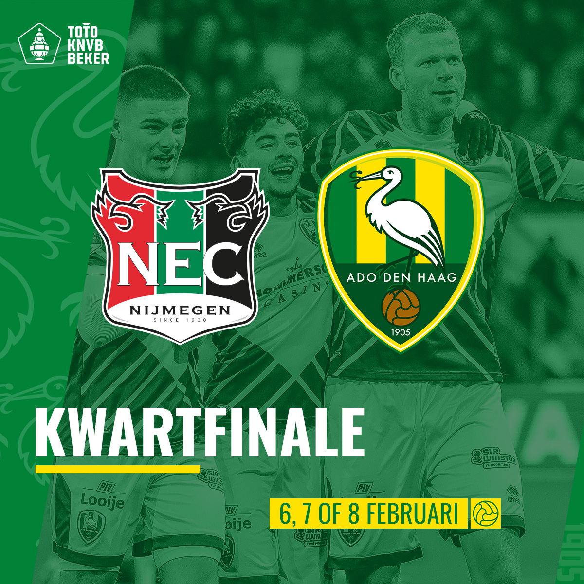 ADODenHaag's tweet photo. 🏆 ADO Den Haag heeft in de kwartfinale een uitwedstrijd geloot tegen NEC. #KNVBBeker 

De wedstrijden worden gespeeld op 6, 7 en 8 februari. https://t.co/dLJWIP6dxo