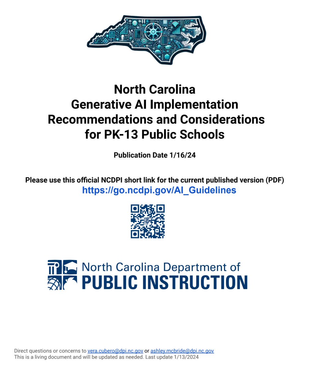 North Carolina Dept. of Public Instruction Releases: 'Generative #AI Implementation Recommendations and Considerations for PK-13 Public #Schools' & More Headlines ow.ly/mNN850QrnrN #nc #education