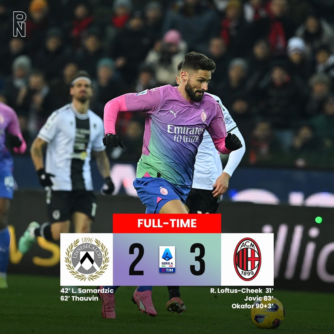 FULLTIME
Udinese 2-3 AC Milan

⚽ L. Samardzic 42'
⚽️ F. Thauvin 62

⚽ R. Loftus-Cheek 31'
⚽️ L. Jovic 82'
⚽️ N. Okafor 90+3'

What a Game! Gol Okafor di akhir babak kedua mengamankan 3 point untuk Milan 🔴⚫️🔥