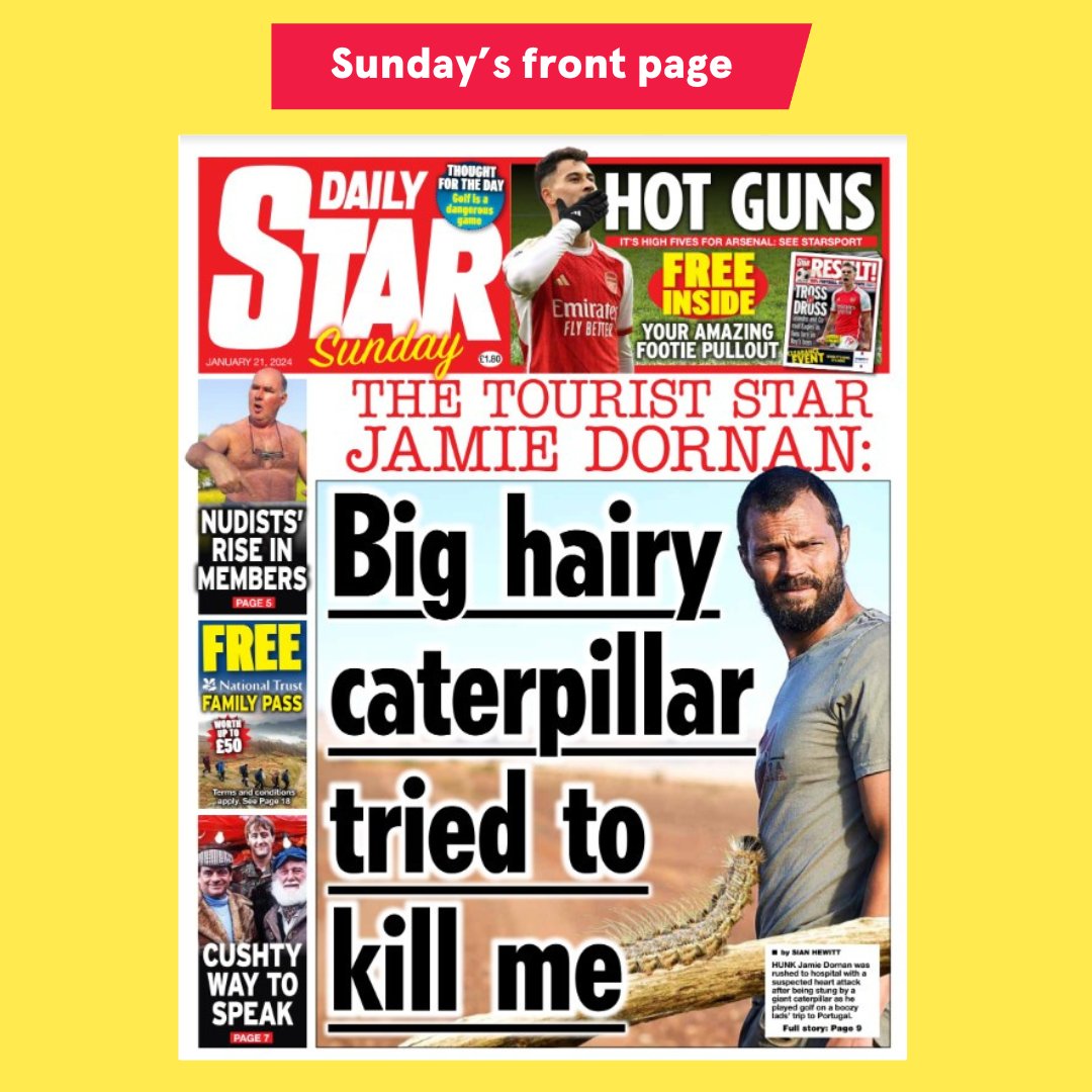 Daily Star front page - Big hairy caterpillar tried to kill me 