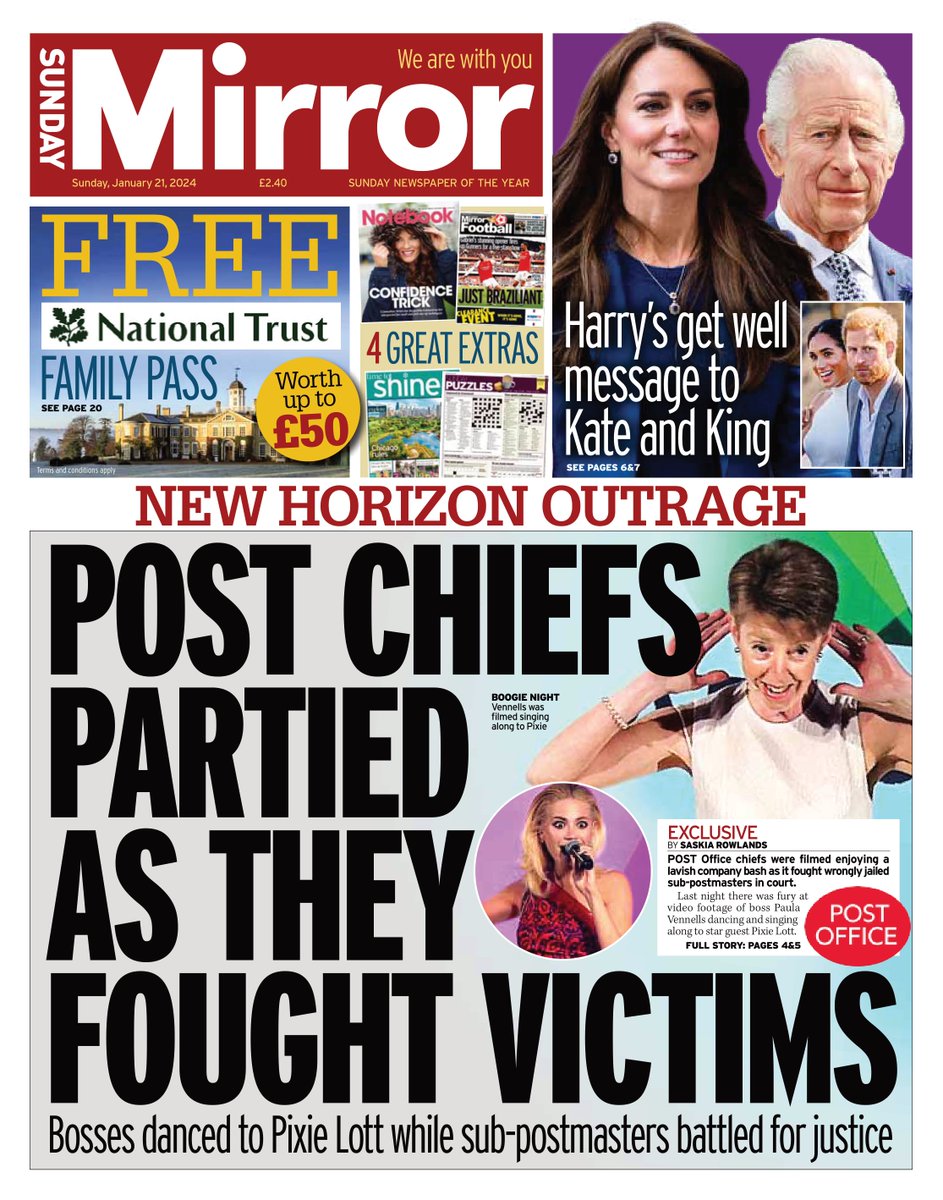 Sunday's front page: Post chiefs partied as they fought victims #TomorrowsPapersToday mirror.co.uk/news/uk-news/s…