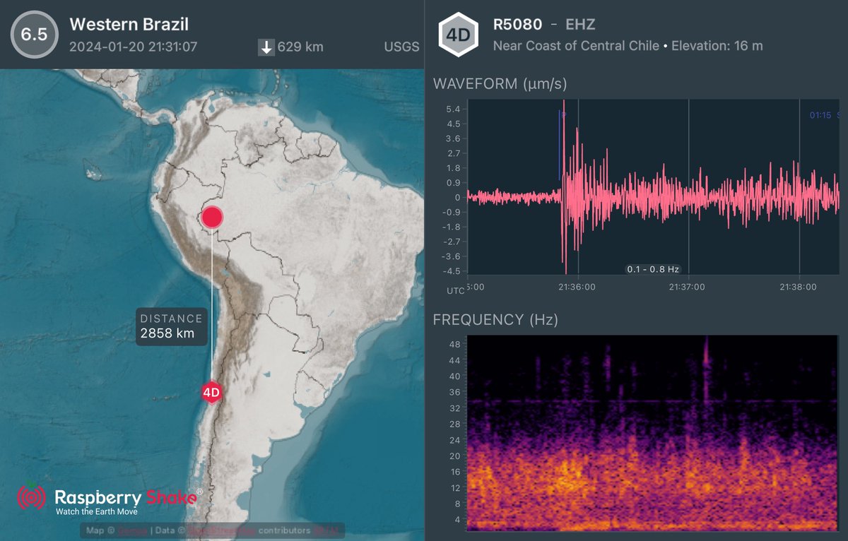 verdeptune's tweet image. #Sismo M6.5 (A 629 km de profundidad) en Brasil, registrado por mi estación AM.R5080 ubicada en Viña del Mar, Chile.
El #temblor ocurrió a las 18:31 Hora de Chile, de hoy 20 de enero 2024, y las ondas P llegaron a las 18:35
@raspishake 
#ShakeNet #Earthquake #Terremoto