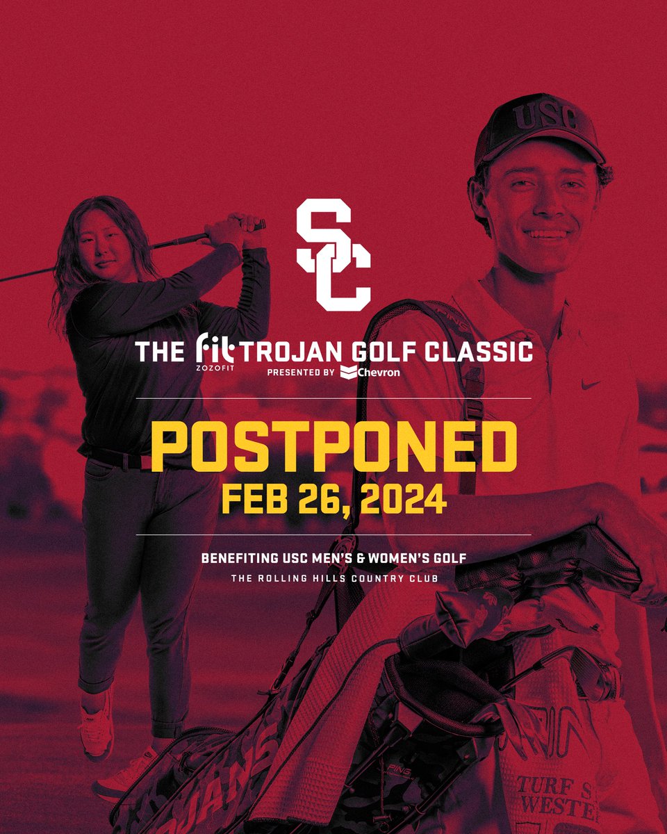 Schedule Update, due to rain the Trojan Golf Classic is being rescheduled till Feb. 26. Leaving even more time to sign up Link: events.usc.edu/esvp/golf/ As such the online auction will be extended till the day of the event❗️ Link: uscgolf.givesmart.com #FightOn✌️⛳️