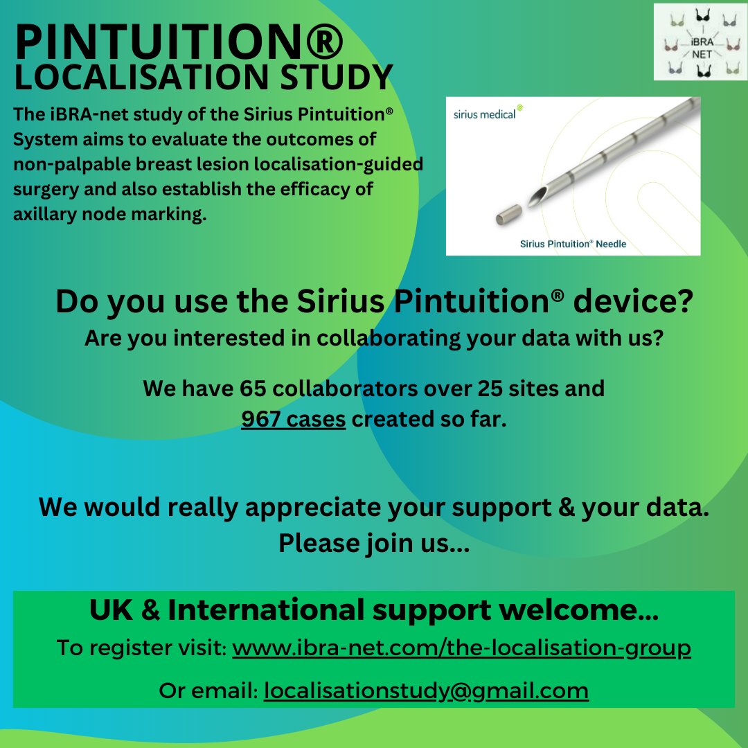 Do you use the SIRIUS PINTUITION localisation device? We would like you to be a part of our #research - Shared learning, #collaboration of data UK & Internationally, monthly updates, webinars etc. 📧 localisationstudy@gmail.com to register #breastcancer #breastsurgery