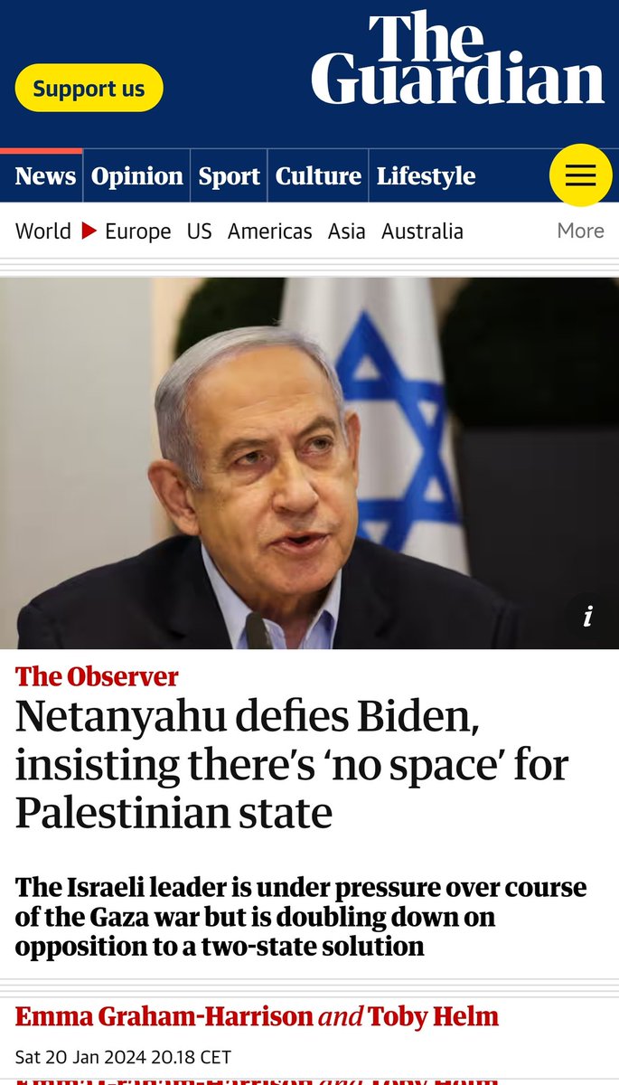 Netanyahu: "For 30 years I've worked to prevent the 2-state solution, our goal with the war is an Israel from the river to the sea"

Biden: "We can make it work, Netanyahu is not opposed to all 2-state solutions" 

Netanyahu: "No, really, Biden is wrong, not going to happen"