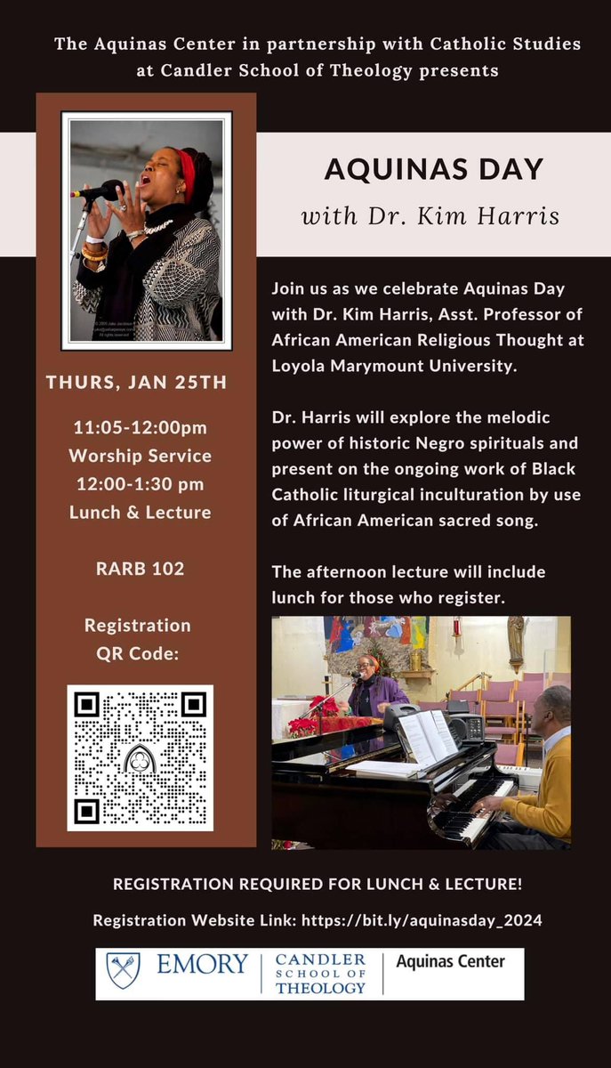 Exciting event this week <a href="/CandlerTheology/">Candler School of Theology</a>! Join us for Aquinas Day this Thursday to hear Dr Kim Harris. Lunch and lecture are both free, but registration is required (and the deadline for registration is January 21). You won’t want to miss this! Register at link in bio.