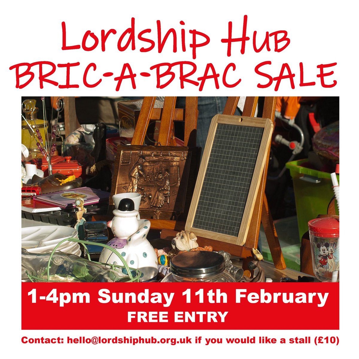 Lordship Hub Bric-a-Brac Sale
Come along to browse and buy or get a table (£10) and sell all the beautiful and useful objects you no longer need tha others may love and want.
If you would like a stall contact hello@lordshiphub.org.uk or call 020 8885 5684 Mon-Thurs.
<a href="/LordshipHub/">Lordship Hub Co-op</a>
